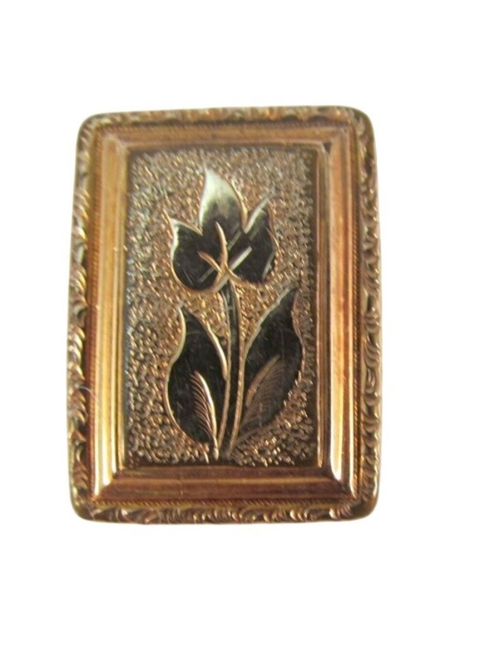 Vintage Gold Tone Etched Floral Rectangle Pin Small Mid Century Brooch 3/4th"